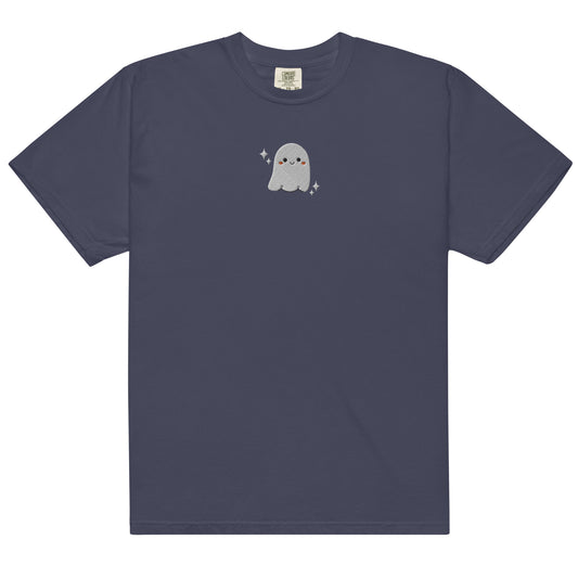 Bonito pequeno fantasma bordado tamanho masculino vestuário tingido conforto cores camiseta pesada S - 3XL