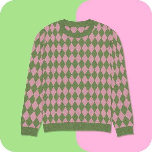 Pink and Green Diamond Knitted crew neck sweater 3XS - 3XL