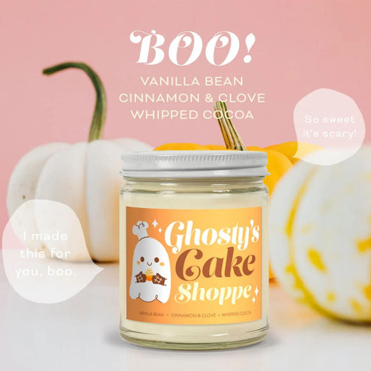 Ghosty’s Cake Shoppe Vanilla Bean Cinnamon and Clove Cute Halloween Candle