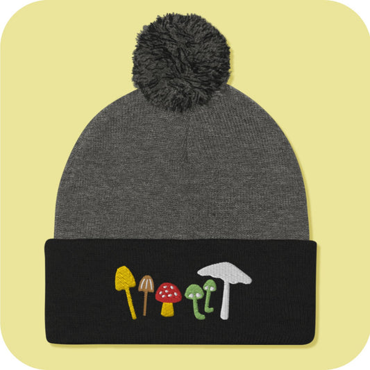 Mushroom Squad Embroidered Pom-Pom Beanie