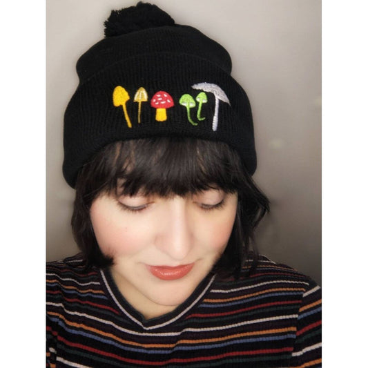 Mushroom Squad Embroidered Pom-Pom Beanie