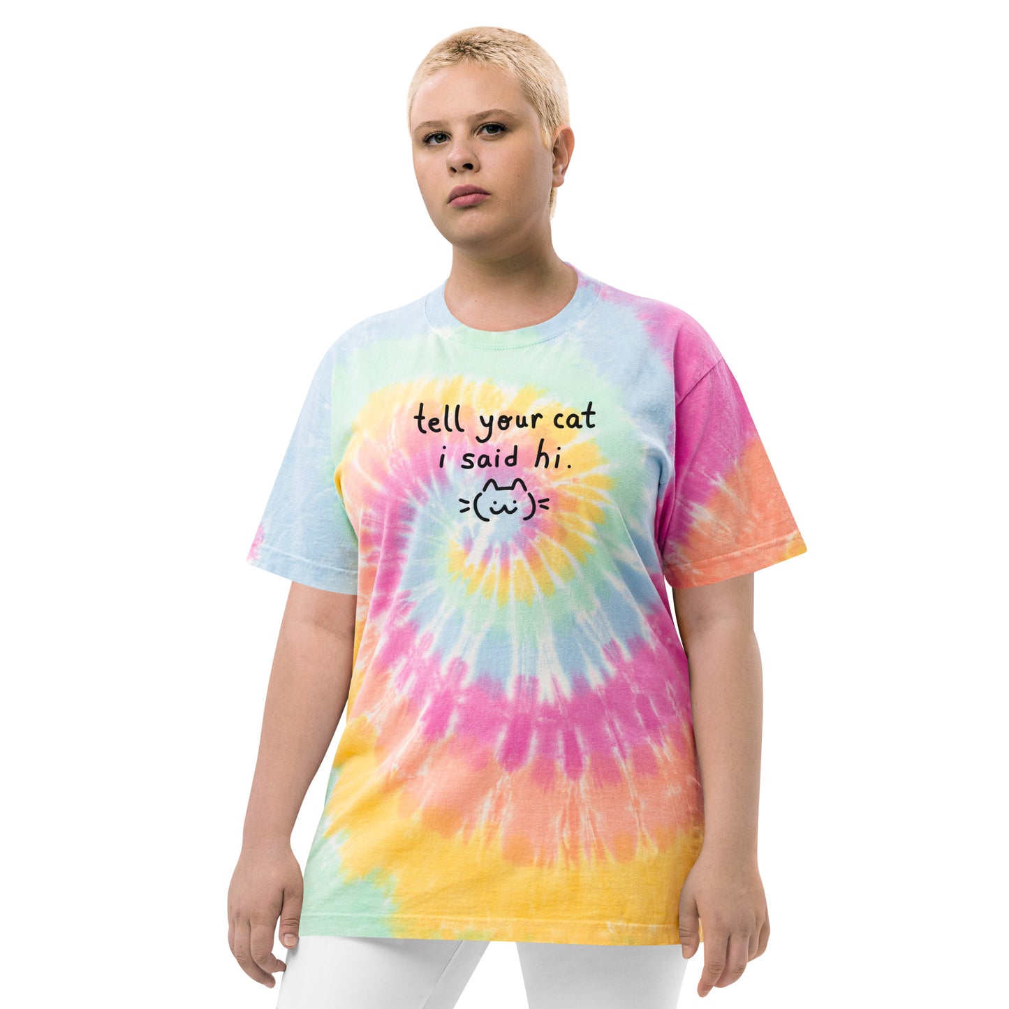 Diga ao seu gato que eu disse oi Camiseta tie-dye bordada grande S - 2XL